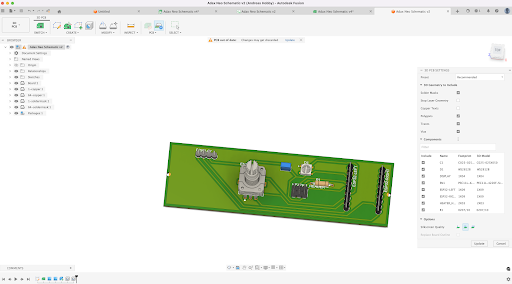 Custom ADAX PCB layout in Fusion 360, showing the board shape matched to the original heater slot