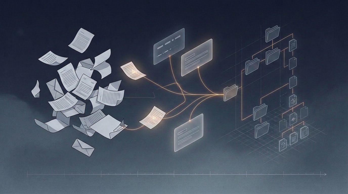 A year of mail and PDFs sorted into a case folder with a log, a chronology and sourced files