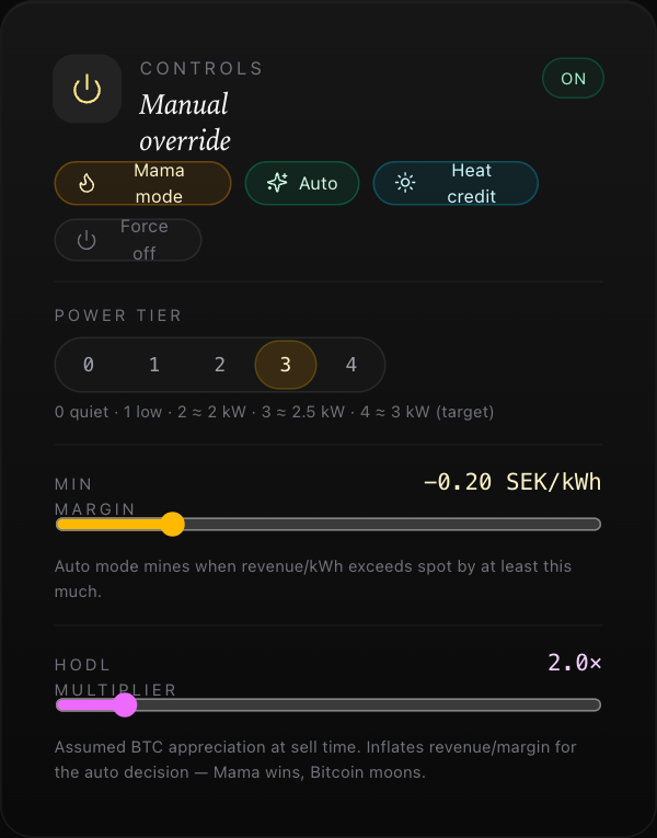 The Controls card — four toggles, a power-tier picker, and the sliders that quietly hold the thesis