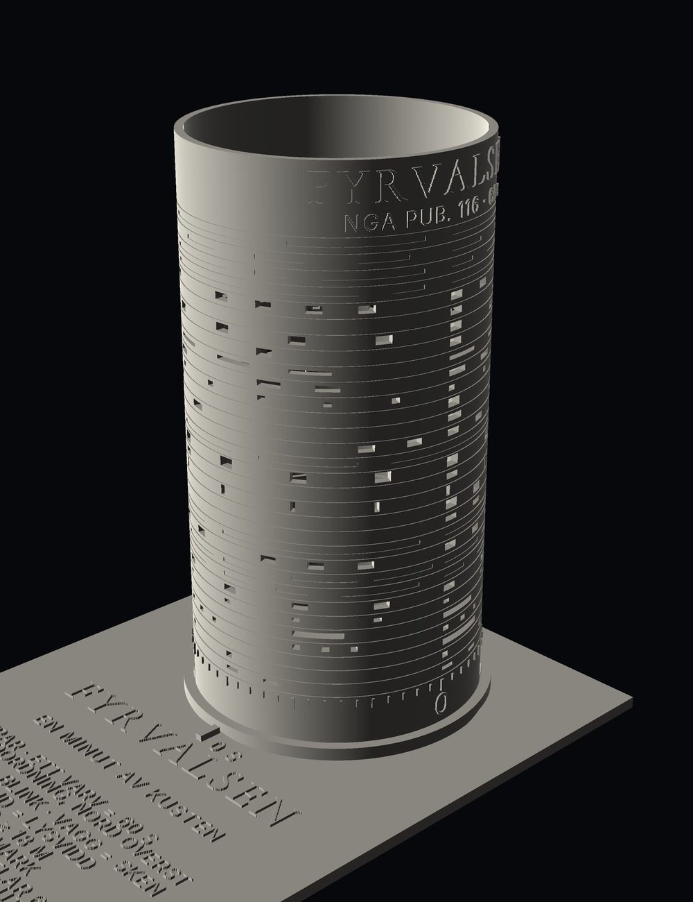 Fyrvalsen: a perforated cylinder on an A5 base, where one full turn is exactly sixty seconds of coast.