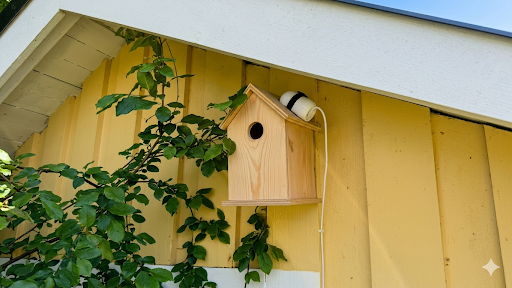 Pine nest box, UniFi camera mounted on top, the actual setup in the garden.